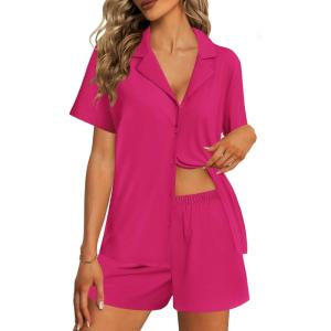 Ekouaer Womens Pajama Sets 2 Piece Cotton Pjs Button Down Sleepwear Short Sleeve Lounge Set with Pockets(Hot Pink)