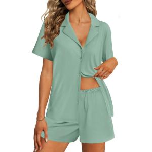 Ekouaer Womens Pajama Sets 2 Piece Cotton Pjs Button Down Sleepwear Short Sleeve Lounge Set with Pockets(Light Green)