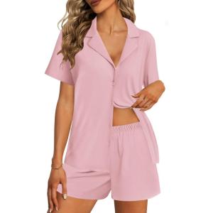 Ekouaer Womens Pajama Sets 2 Piece Cotton Pjs Button Down Sleepwear Short Sleeve Lounge Set with Pockets(Pink)