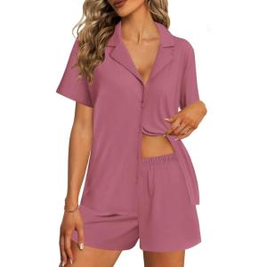 Ekouaer Womens Pajama Sets 2 Piece Cotton Pjs Button Down Sleepwear Short Sleeve Lounge Set with Pockets(Rose Pink)
