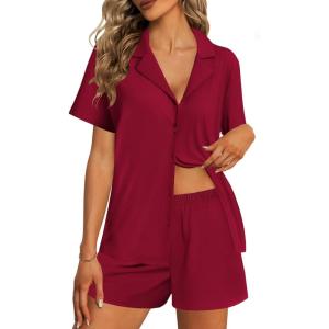 Ekouaer Womens Pajama Sets 2 Piece Cotton Pjs Button Down Sleepwear Short Sleeve Lounge Set with Pockets(Wine Red)