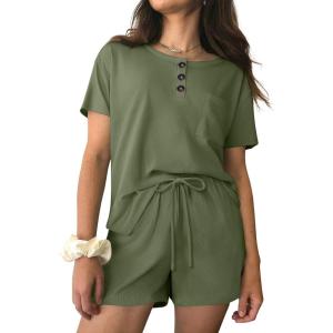 Ekouaer Womens Pajama Sets 2 Piece Ribbed Knit Pjs Short Sleeve Soft Sleepwear Summer Lounge Sets(Army Green)
