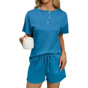 Ekouaer Womens Pajama Sets 2 Piece Ribbed Knit Pjs Short Sleeve Soft Sleepwear Summer Lounge Sets(Blue)