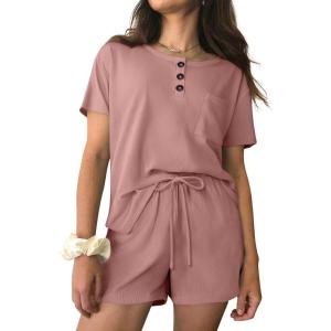 Ekouaer Womens Pajama Sets 2 Piece Ribbed Knit Pjs Short Sleeve Soft Sleepwear Summer Lounge Sets(Dark Pink)