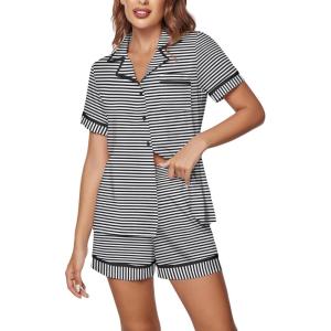 Ekouaer Women’s Pajama Sets 2 Piece Short Sleeve Button Down Tops and Pants Pj Set V Neck Sleepwear Loungewear Chest Pocket(Dark Blue Stripes)