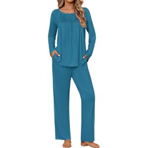 Ekouaer Womens Pajama Sets Fall Long Sleeve Pajamas for Women Trendy Pleated Pjs Sets Comfy 2 Piece Lounge Set with Pockets(Blue Green)