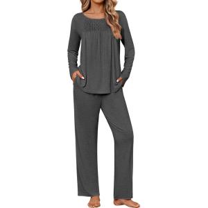 Ekouaer Womens Pajama Sets Fall Long Sleeve Pajamas for Women Trendy Pleated Pjs Sets Comfy 2 Piece Lounge Set with Pockets(Deep Grey)