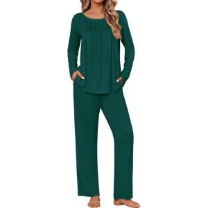 Ekouaer Womens Pajama Sets Fall Long Sleeve Pajamas for Women Trendy Pleated Pjs Sets Comfy 2 Piece Lounge Set with Pockets(Green)