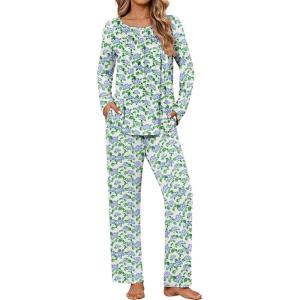 Ekouaer Womens Pajama Sets Fall Long Sleeve Pajamas for Women Trendy Pleated Pjs Sets Comfy 2 Piece Lounge Set with Pockets(Green Flower)