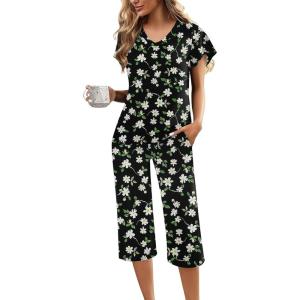 Ekouaer Womens Pajama Sets Ruffle Short Sleeve Sleepwear Top and Capri Pants Pjs Set Comfy 2 Piece Lounge Set S-XXL(Floral Black Daisy)
