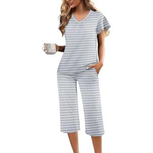 Ekouaer Womens Pajama Sets Ruffle Short Sleeve Sleepwear Top and Capri Pants Pjs Set Comfy 2 Piece Lounge Set S-XXL(Light Grey Stripe)