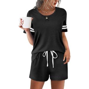 Ekouaer Womens Pajama Sets Short Sleeve Short Sets 2 Piece Sleepwear Soft Lounge Sets with Pocket,S-XXL(Black)