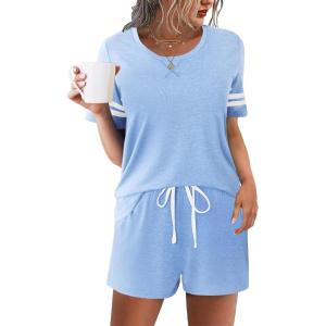 Ekouaer Womens Pajama Sets Short Sleeve Short Sets 2 Piece Sleepwear Soft Lounge Sets with Pocket,S-XXL(Light Blue)