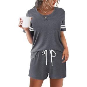 Ekouaer Womens Pajama Sets Short Sleeve Short Sets 2 Piece Sleepwear Soft Lounge Sets with Pocket,S-XXL(Medium Grey)