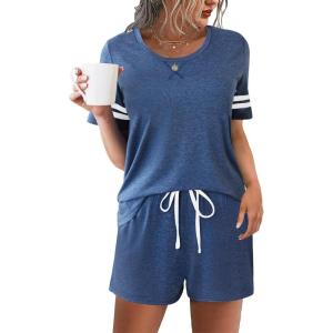 Ekouaer Womens Pajama Sets Short Sleeve Short Sets 2 Piece Sleepwear Soft Lounge Sets with Pocket,S-XXL(Navy Blue)