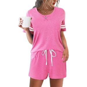 Ekouaer Womens Pajama Sets Short Sleeve Short Sets 2 Piece Sleepwear Soft Lounge Sets with Pocket,S-XXL(Pink)