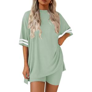 Ekouaer Womens Pajamas 2 Piece Lounge Set Casual Oversized Short Sleeve Tops Biker Shorts Set Comfy Pjs Outfits S-XXL(Light Green)