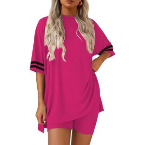 Ekouaer Womens Pajamas 2 Piece Lounge Set Casual Oversized Short Sleeve Tops Biker Shorts Set Comfy Pjs Outfits S-XXL(Rose Red)
