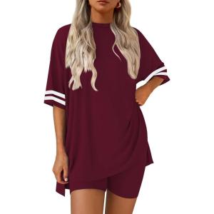 Ekouaer Womens Pajamas 2 Piece Lounge Set Casual Oversized Short Sleeve Tops Biker Shorts Set Comfy Pjs Outfits S-XXL(Wine)