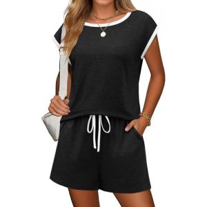 Ekouaer Womens Pajamas Set 2 Piece Short Sleeves PJs O Neck Tops and Drawstring Waist Shorts Soft Lounge Set(Black)