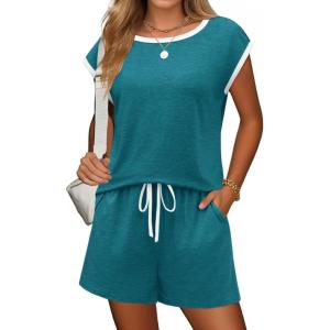 Ekouaer Womens Pajamas Set 2 Piece Short Sleeves PJs O Neck Tops and Drawstring Waist Shorts Soft Lounge Set(Blue Green)