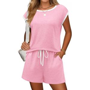 Ekouaer Womens Pajamas Set 2 Piece Short Sleeves PJs O Neck Tops and Drawstring Waist Shorts Soft Lounge Set(Dark Pink)