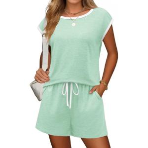Ekouaer Womens Pajamas Set 2 Piece Short Sleeves PJs O Neck Tops and Drawstring Waist Shorts Soft Lounge Set(Ice Green)