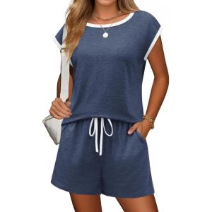 Ekouaer Womens Pajamas Set 2 Piece Short Sleeves PJs O Neck Tops and Drawstring Waist Shorts Soft Lounge Set(Navy Blue)