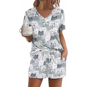Ekouaer Women’s Pajamas Sets Short Sleeve Lounge Sets Sleepwear Casual Two Piece Pjs With Pockets(Grey Cat)