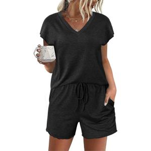 Ekouaer Women’s Pajamas Short Sleeve Summer Pj Set V Neck 2 Piece Loungewear Sleepwear S-XXL