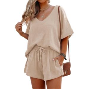 Ekouaer Women’s V Neck Lounge Sets Beach Cover Up Shirt and Shorts 2 Piece Outfits Loungewear Pajama with Pockets Khaki,L