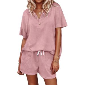 Ekouaer Women’s Waffle Knit Pajamas Set Short Sleeve Top with Shorts Matching Lounge Sets Loungewear Sweatsuit with Pockets