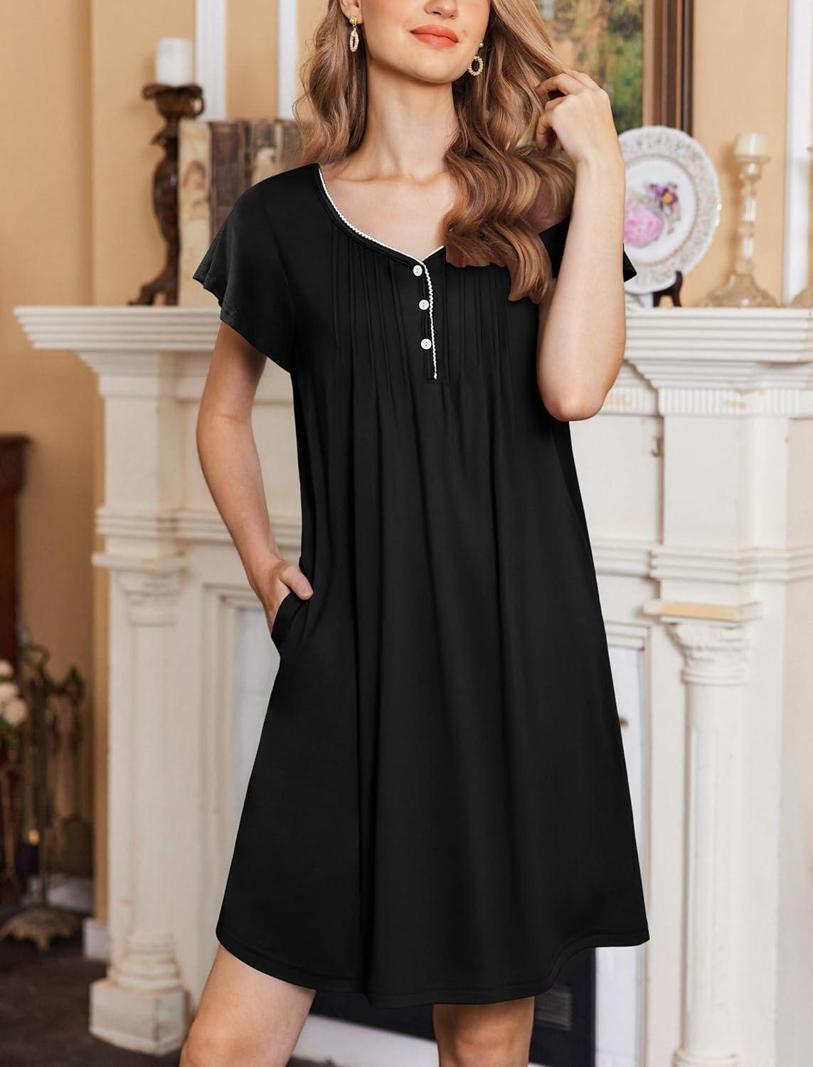 imageEkouaer Womens Nightgown Flare Short Sleeve Sleep Shirt Pleated Nightshirts Soft Pajama Dress with Pockets SXXXLBlack