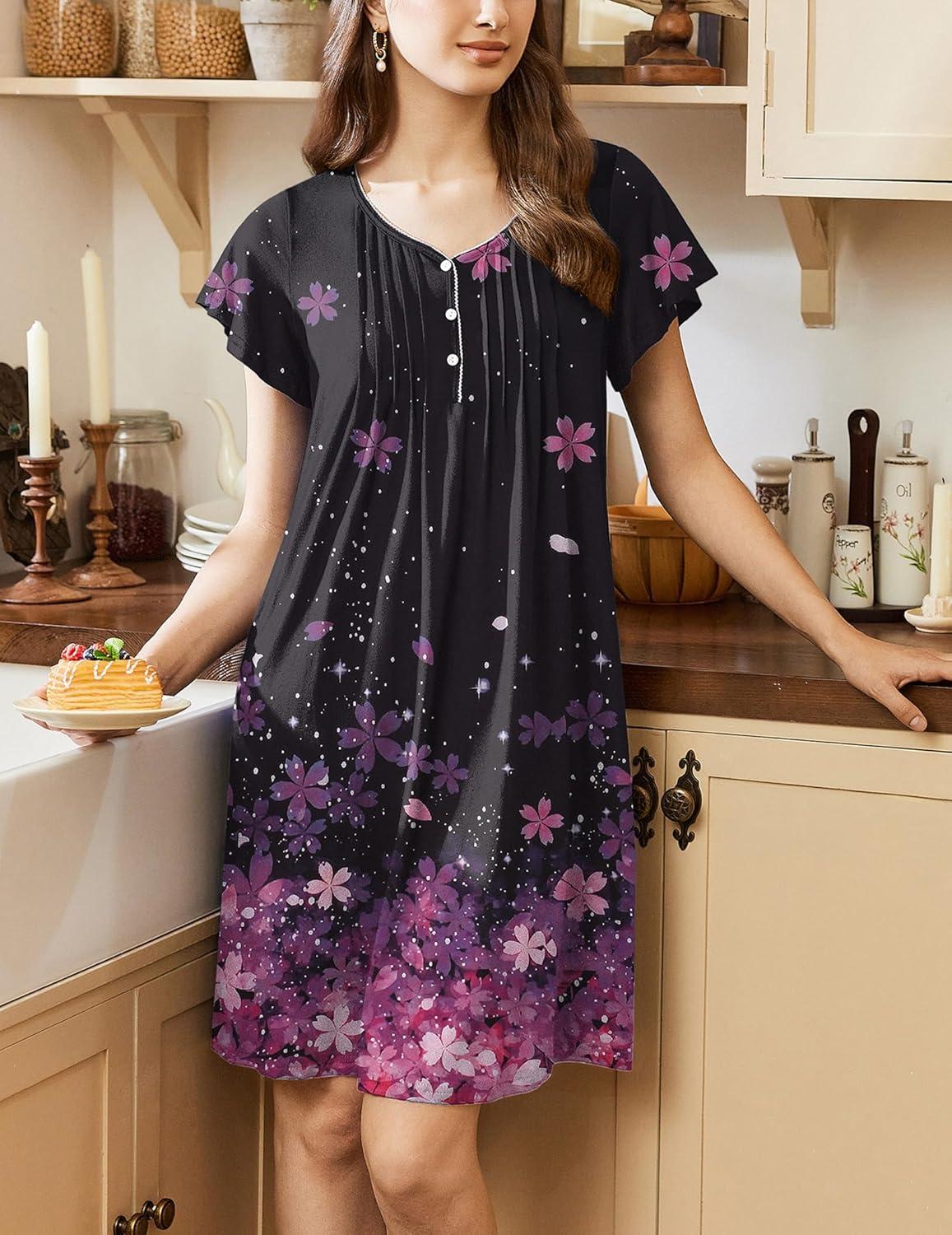 imageEkouaer Womens Nightgown Flare Short Sleeve Sleep Shirt Pleated Nightshirts Soft Pajama Dress with Pockets SXXXLCherry Blossoms