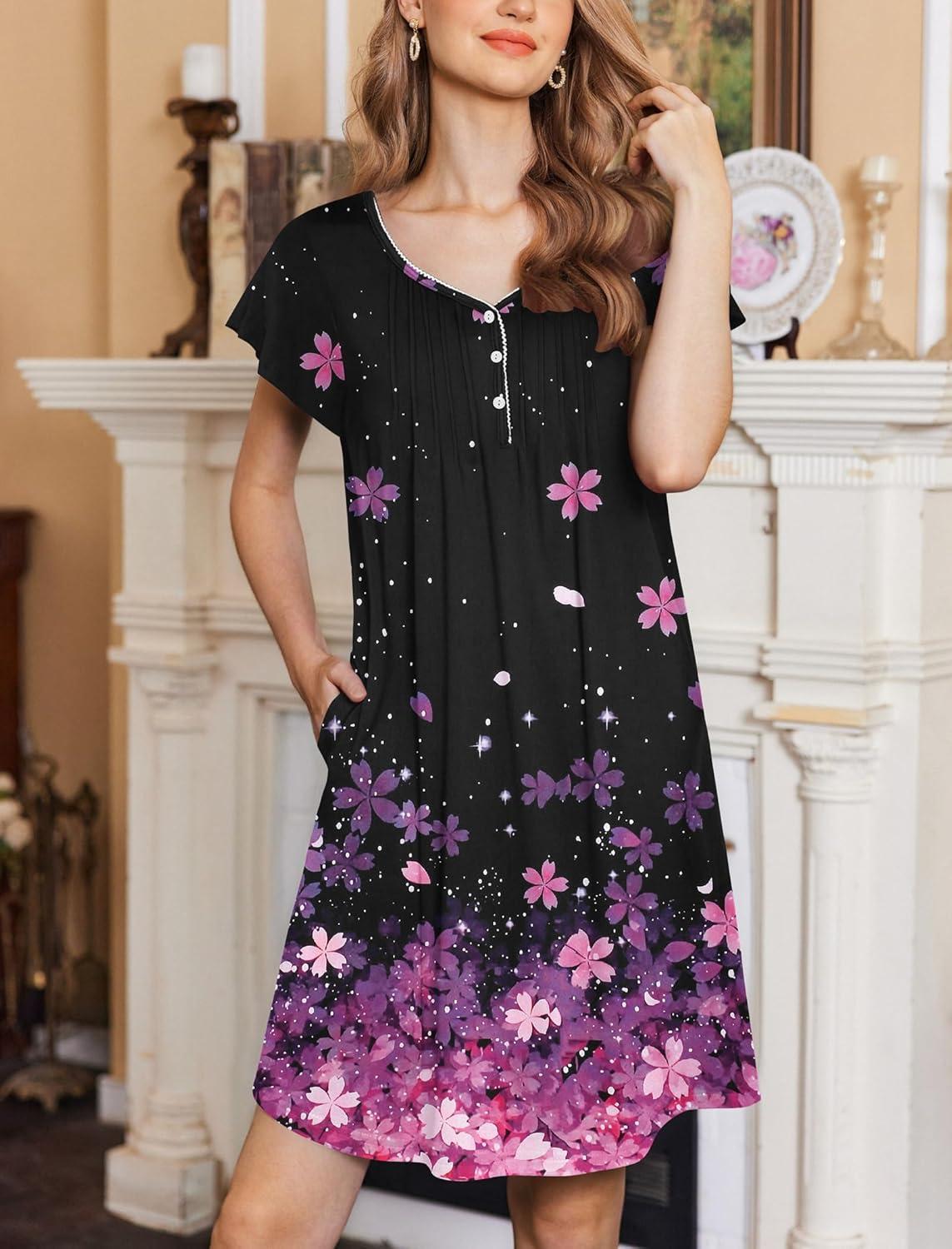 imageEkouaer Womens Nightgown Flare Short Sleeve Sleep Shirt Pleated Nightshirts Soft Pajama Dress with Pockets SXXXLCherry Blossoms