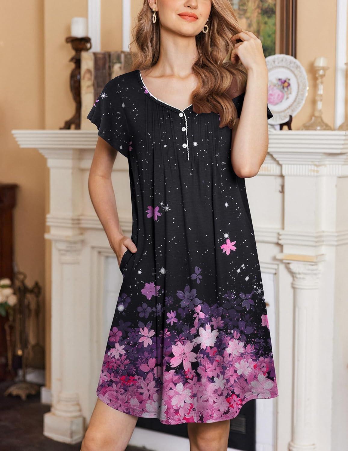 imageEkouaer Womens Nightgown Flare Short Sleeve Sleep Shirt Pleated Nightshirts Soft Pajama Dress with Pockets SXXXLCherry Blossoms Black