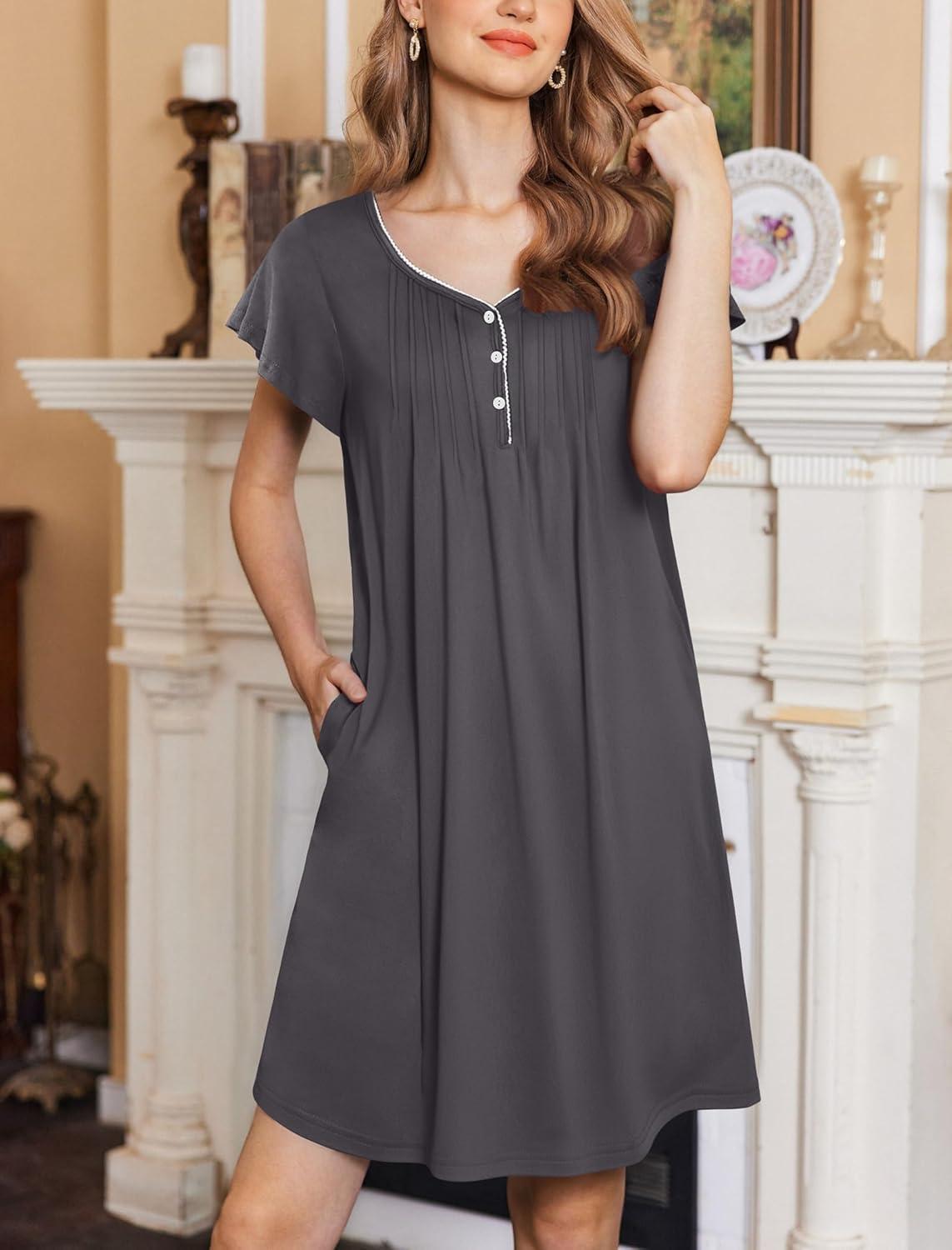 imageEkouaer Womens Nightgown Flare Short Sleeve Sleep Shirt Pleated Nightshirts Soft Pajama Dress with Pockets SXXXLDark Grey