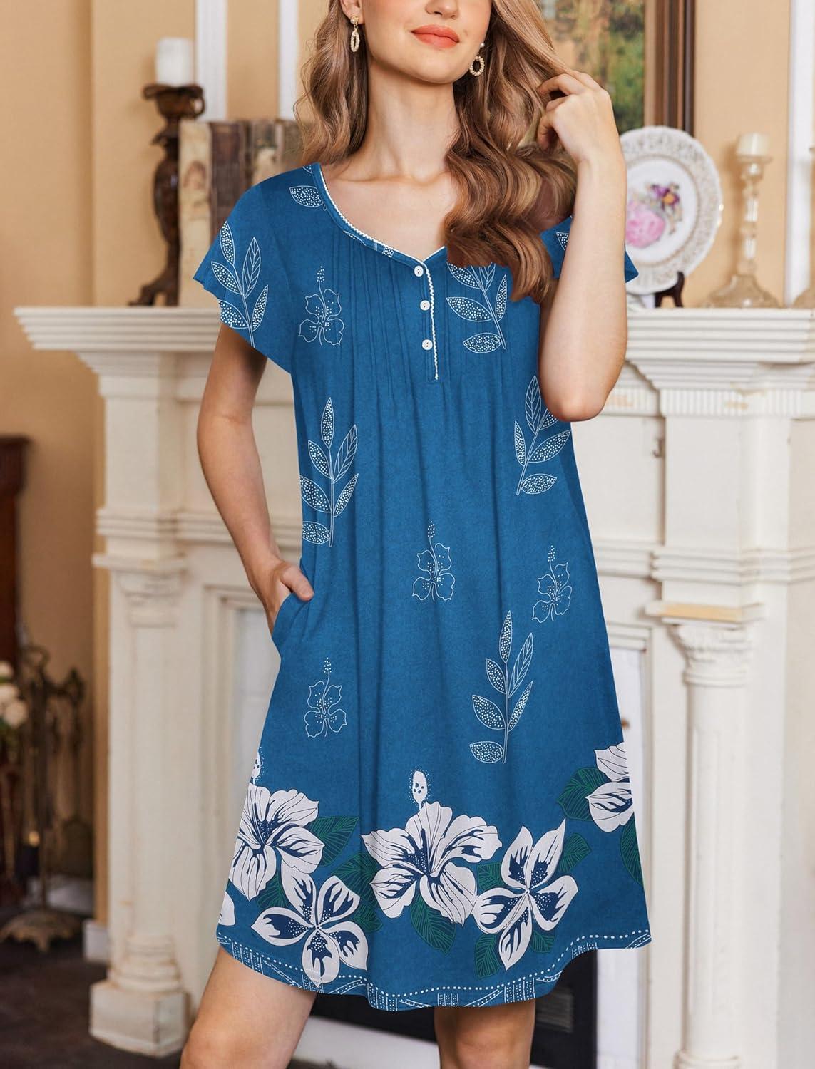 imageEkouaer Womens Nightgown Flare Short Sleeve Sleep Shirt Pleated Nightshirts Soft Pajama Dress with Pockets SXXXLFloral Blue