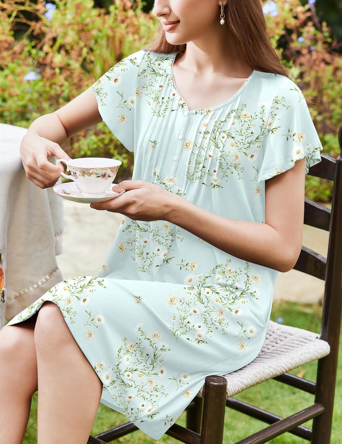 imageEkouaer Womens Nightgown Flare Short Sleeve Sleep Shirt Pleated Nightshirts Soft Pajama Dress with Pockets SXXXLFloral Green