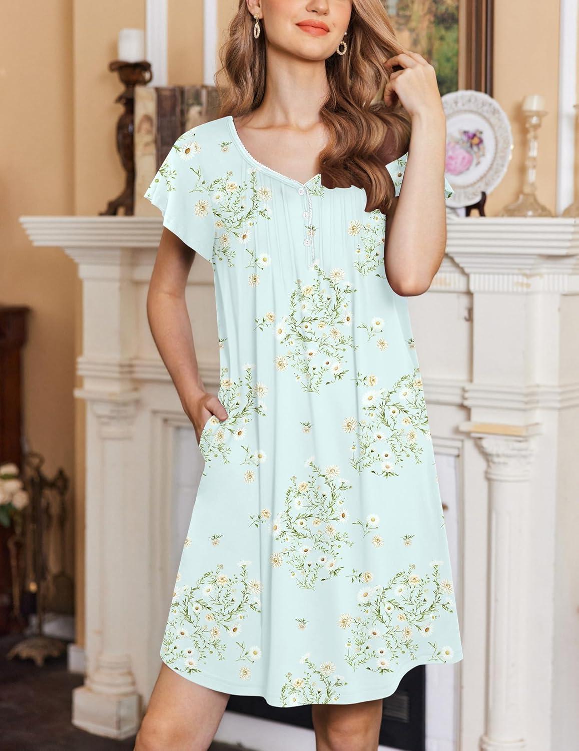 imageEkouaer Womens Nightgown Flare Short Sleeve Sleep Shirt Pleated Nightshirts Soft Pajama Dress with Pockets SXXXLFloral Green