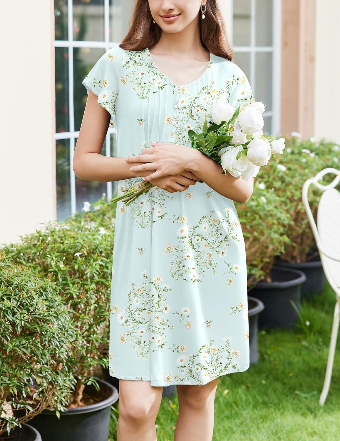 imageEkouaer Womens Nightgown Flare Short Sleeve Sleep Shirt Pleated Nightshirts Soft Pajama Dress with Pockets SXXXLFloral Green