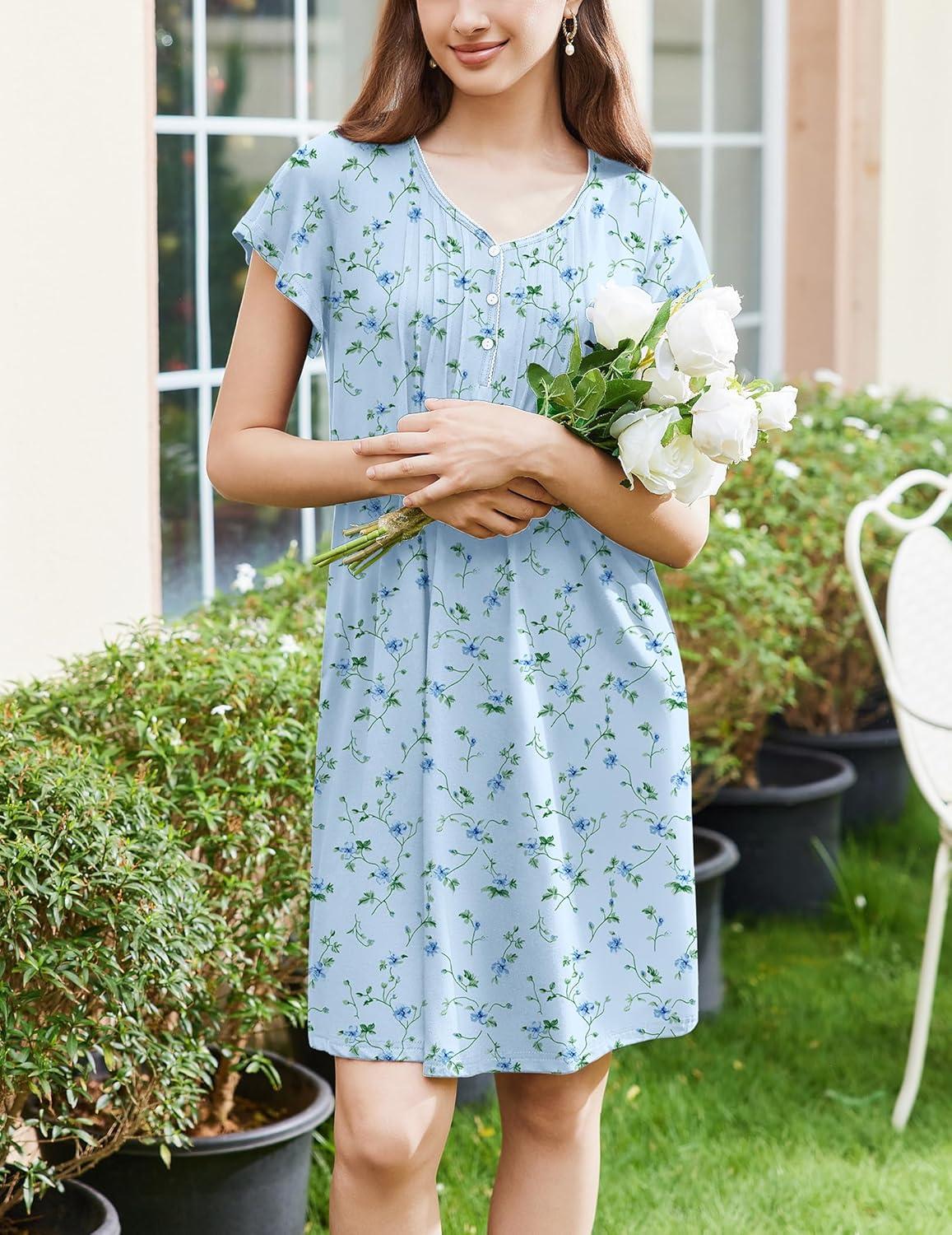 imageEkouaer Womens Nightgown Flare Short Sleeve Sleep Shirt Pleated Nightshirts Soft Pajama Dress with Pockets SXXXLFloral Light Blue