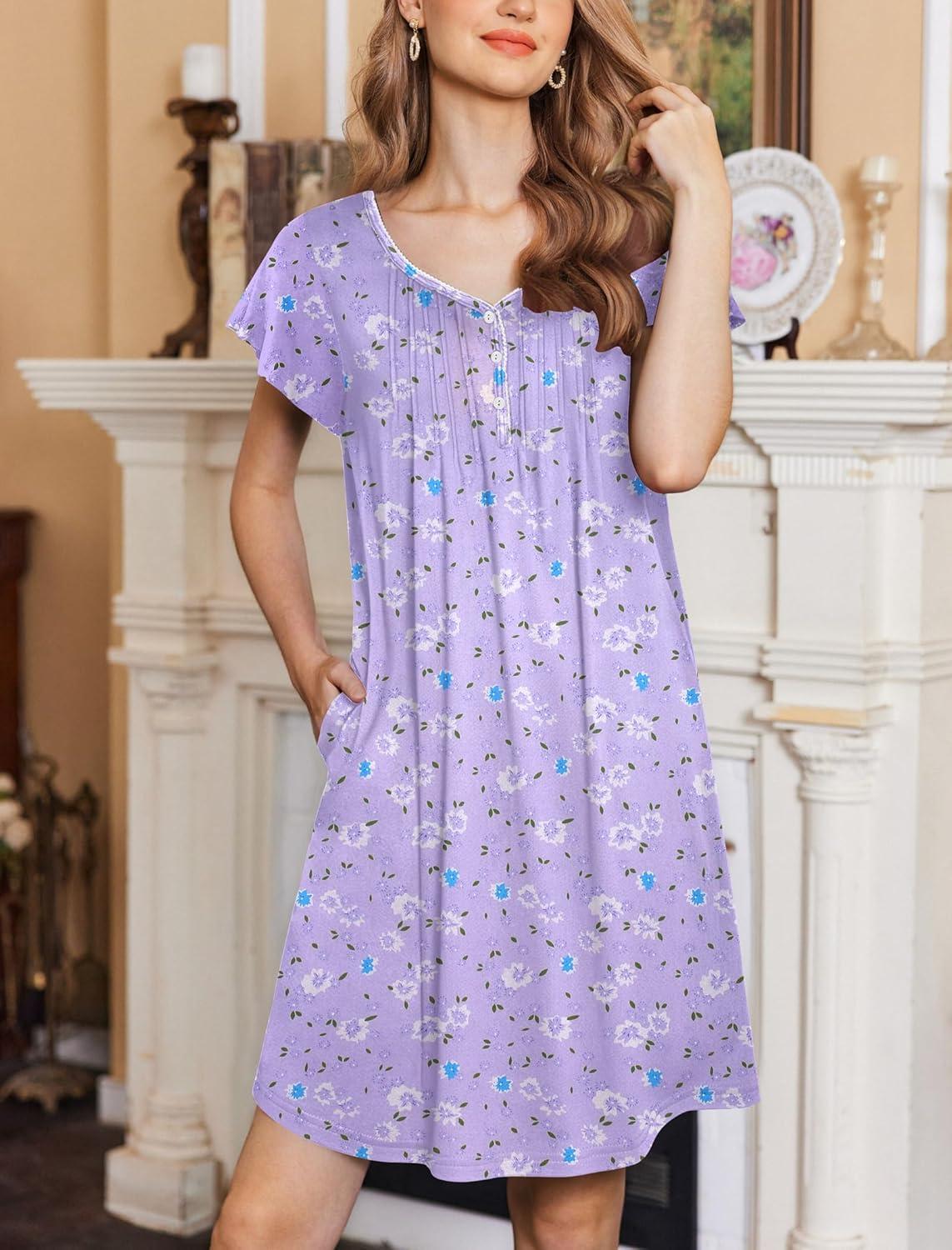 imageEkouaer Womens Nightgown Flare Short Sleeve Sleep Shirt Pleated Nightshirts Soft Pajama Dress with Pockets SXXXLFlowers Purple