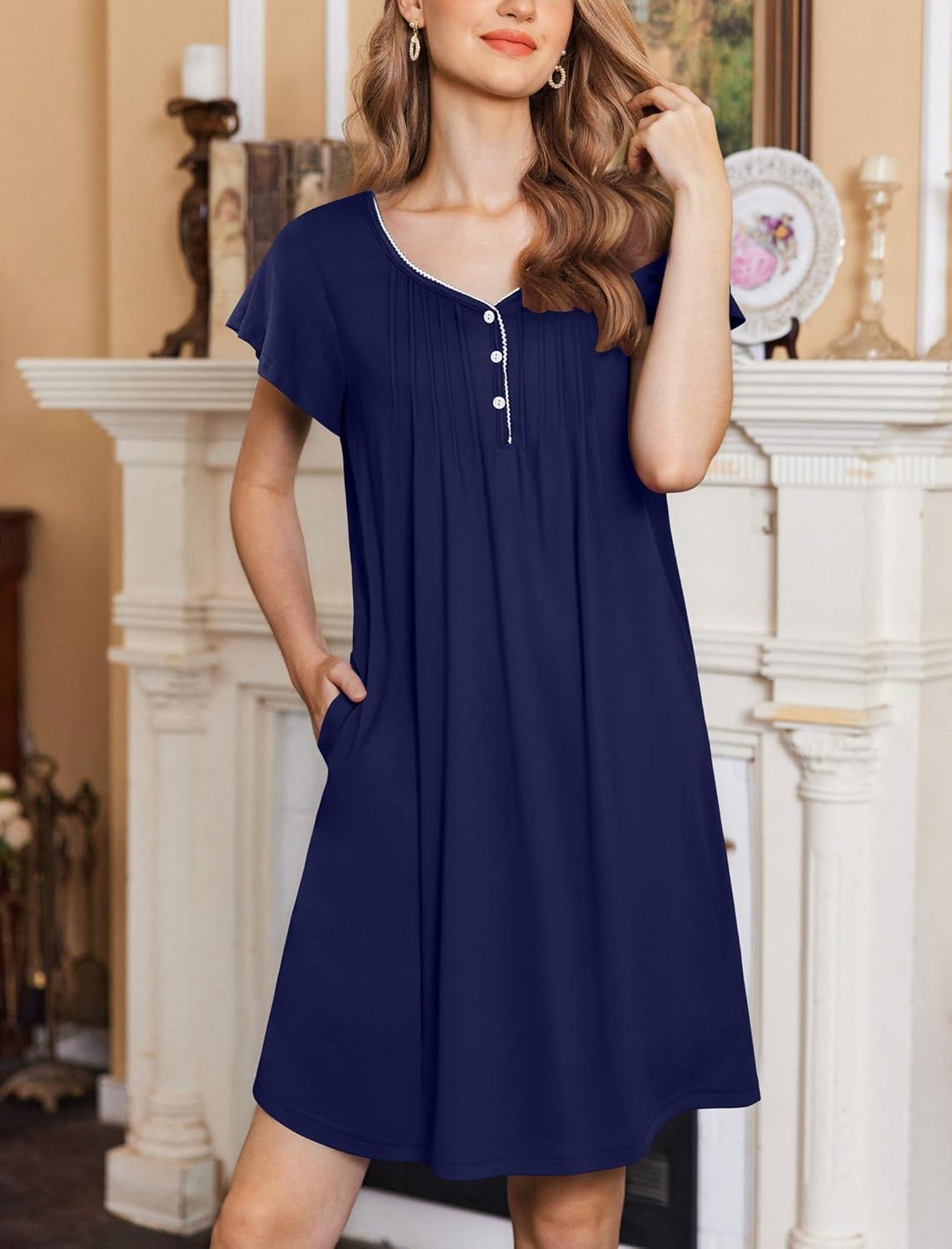 imageEkouaer Womens Nightgown Flare Short Sleeve Sleep Shirt Pleated Nightshirts Soft Pajama Dress with Pockets SXXXLNavy Blue