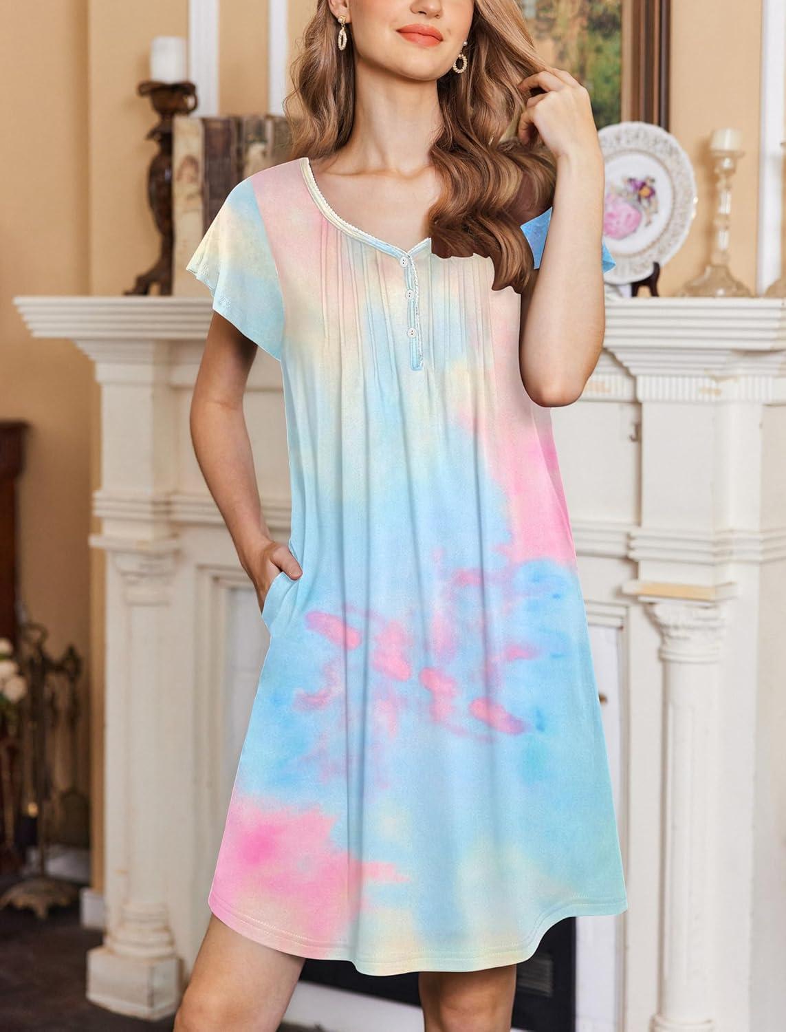 imageEkouaer Womens Nightgown Flare Short Sleeve Sleep Shirt Pleated Nightshirts Soft Pajama Dress with Pockets SXXXLTie Dye