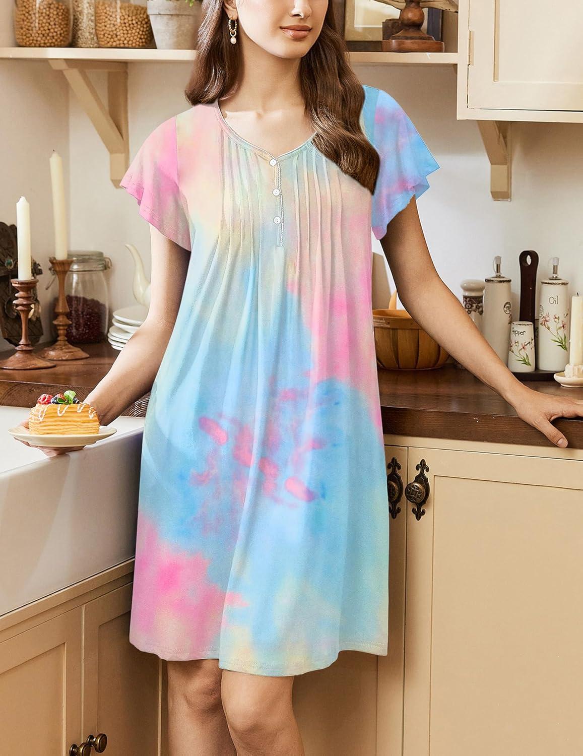 imageEkouaer Womens Nightgown Flare Short Sleeve Sleep Shirt Pleated Nightshirts Soft Pajama Dress with Pockets SXXXLTie Dye