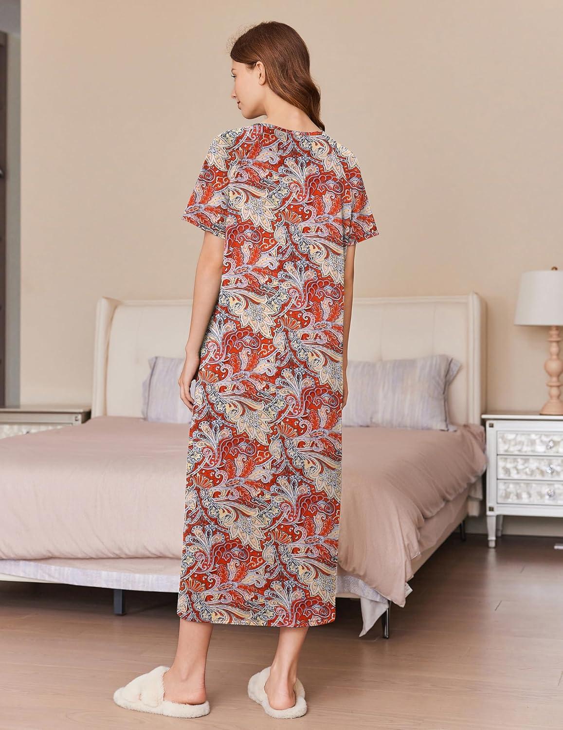 imageEkouaer Womens Zipper Robes Full Length Short Sleeve Housecoats House Dress with Pockets Loungewear Nightgown Red Flower3XL