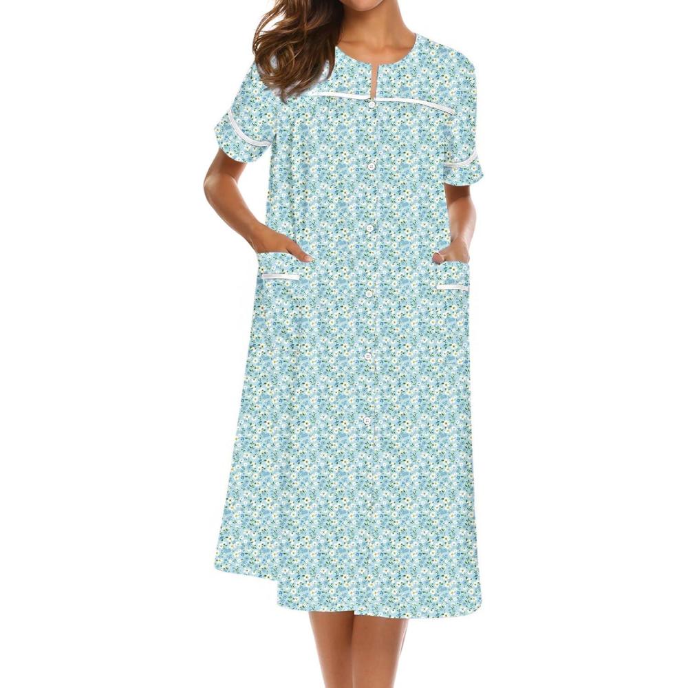 imageEkouaer House Dress for Women with Pockets Button Down Duster Housecoat Short Sleeve Mumu Nightgown SXXXLGreen Floral