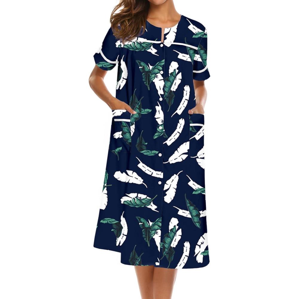 imageEkouaer House Dress for Women with Pockets Button Down Duster Housecoat Short Sleeve Mumu Nightgown SXXXLHawaiian Leaves