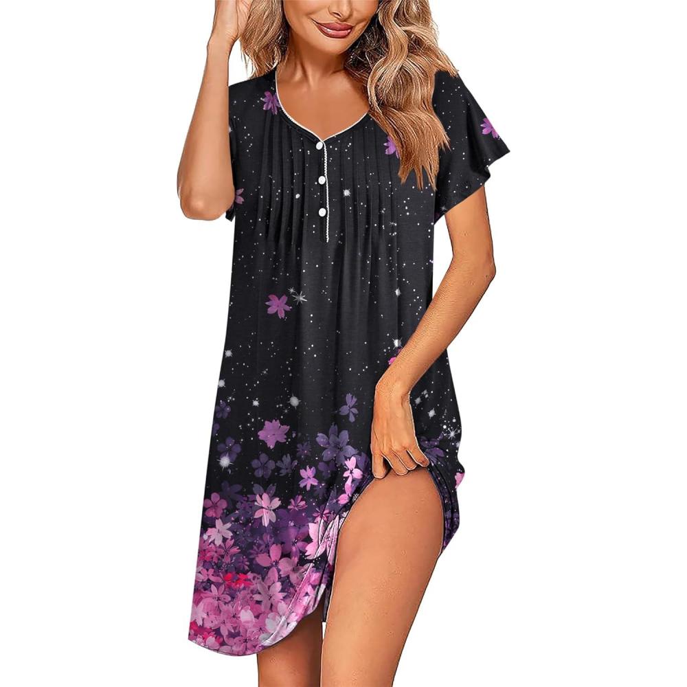 imageEkouaer Womens Nightgown Flare Short Sleeve Sleep Shirt Pleated Nightshirts Soft Pajama Dress with Pockets SXXXLCherry Blossoms Black